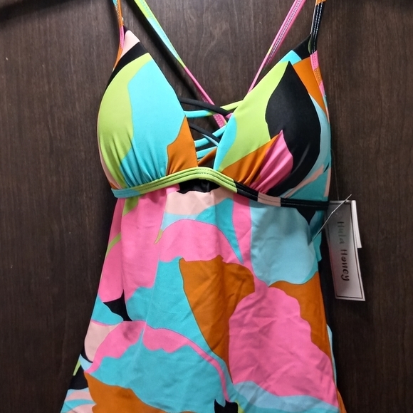 Hula Honey V-Neck Printed Tankini Swim Top - Aqua - Picture 1 of 6